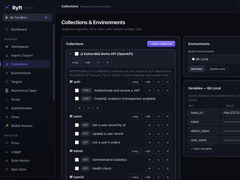 Ryft Collections and Environments — collapsible request cards and named variable sets with masked secrets