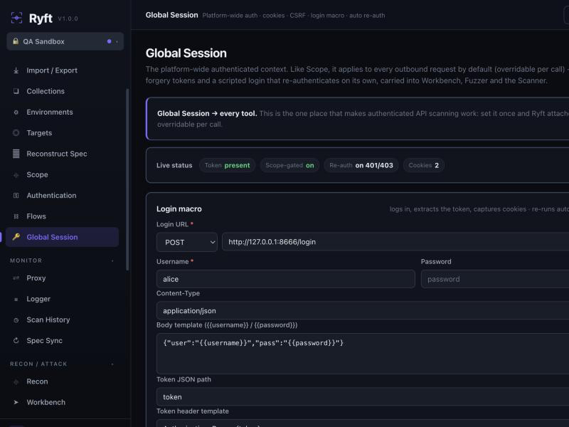 Ryft Global Session — a login recipe (POST credentials, extract the token by JSON path, inject as Bearer) that makes every tool test as an authenticated user