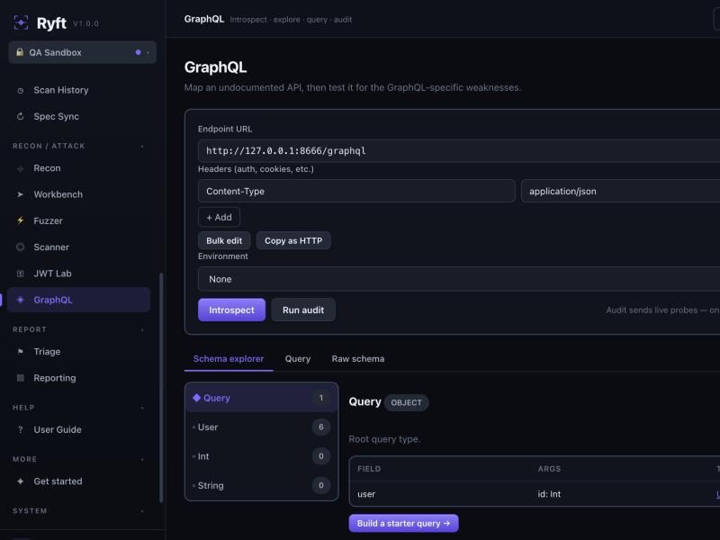 Ryft GraphQL — introspect the schema, explore types and operations, then run an audit