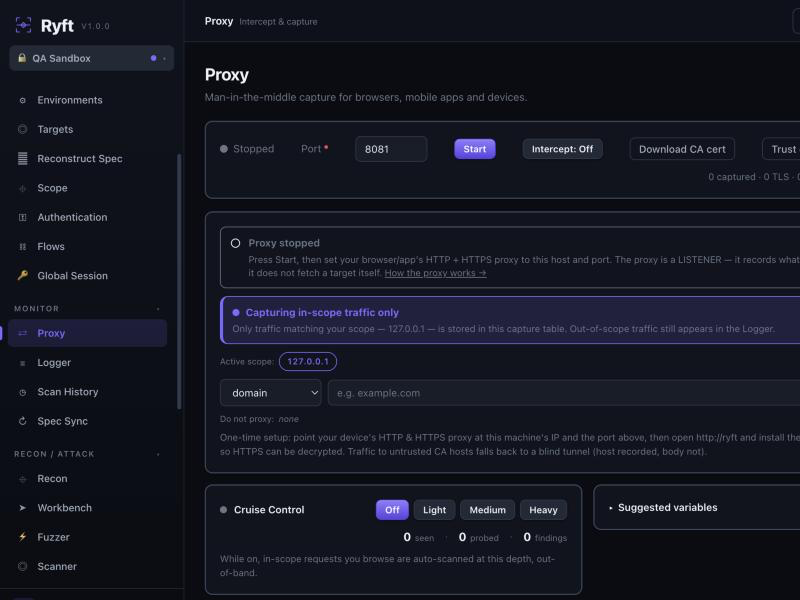 Ryft Proxy — intercept and capture in-scope traffic, scope-gated, with Cruise Control intensities