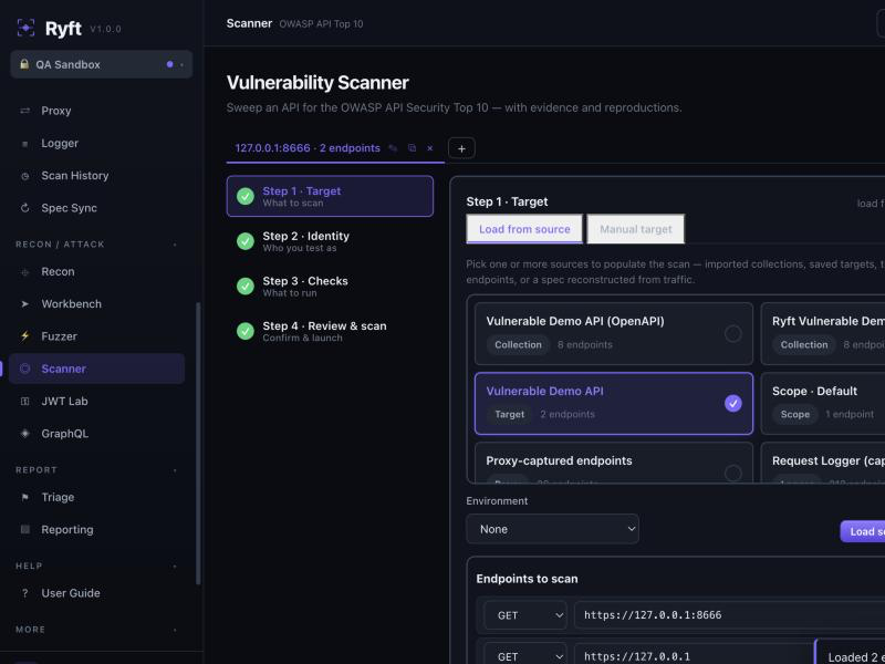 Ryft's authenticated scanner — a guided four-step wizard (Target, Identity, Checks, Review and scan) with selectable source tiles